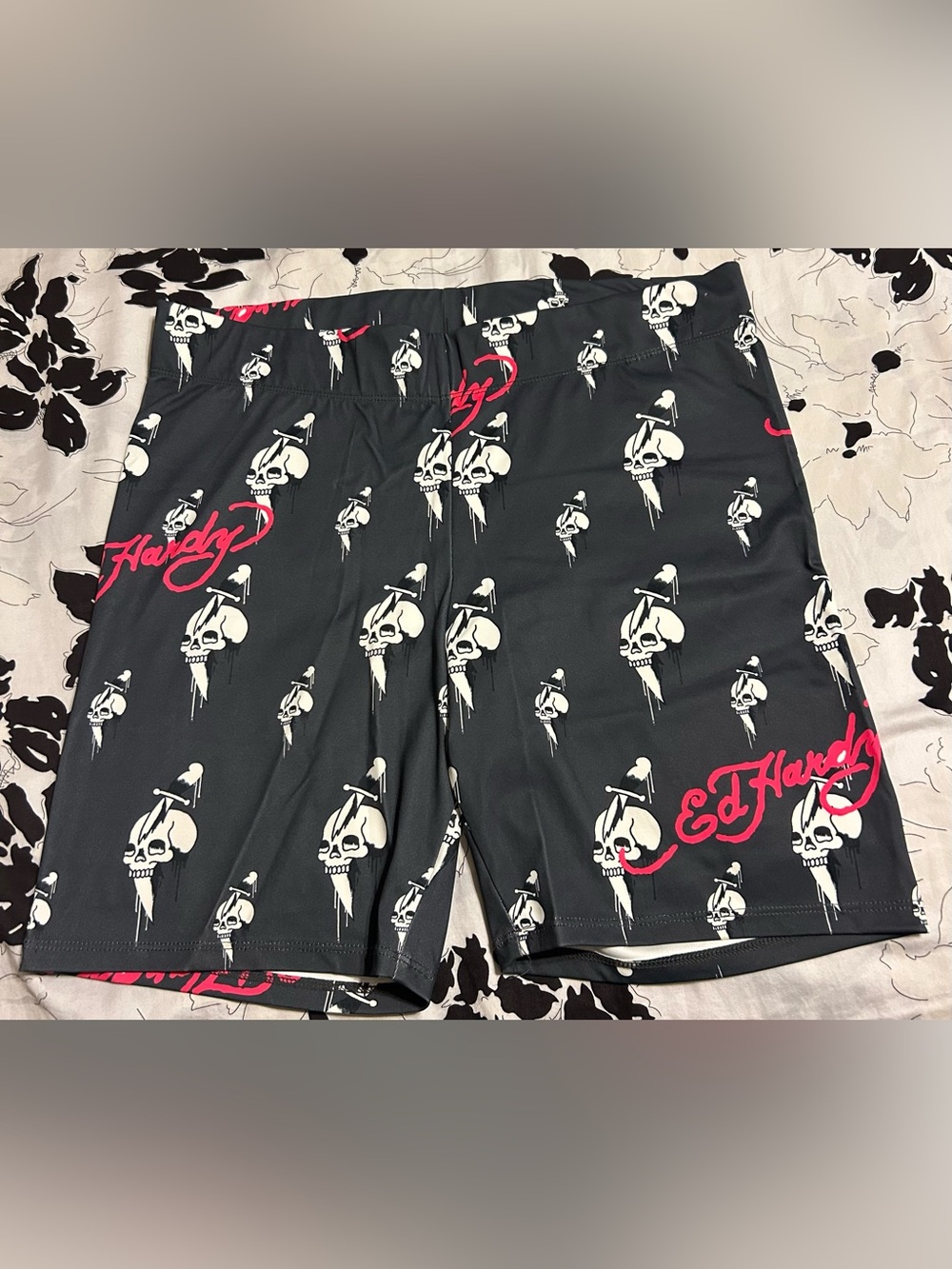 Ed Hardy Black Athletics Shorts with Pink Script and White Skull Motif